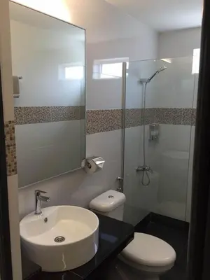 a bathroom with a sink and a toilet and a mirror at Lavender house IPOH in Ipoh