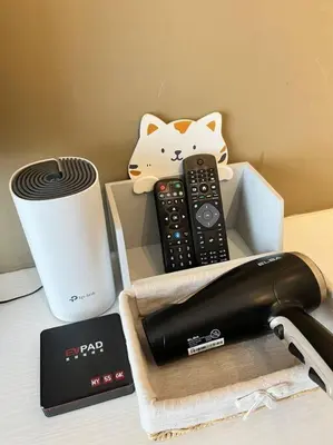 a box with two remote controls and a hair dryer at Emerald Avenue Cozy 3R3B Apartment 715 in Brinchang