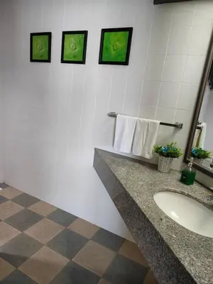 a bathroom with a sink and towels on a wall at Rainbow deluxe seaview in Tanjung Bungah