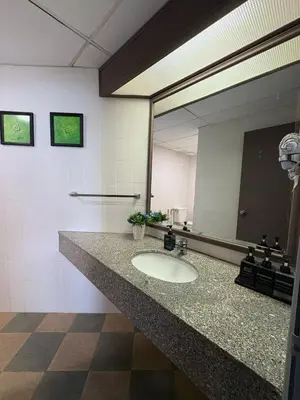 a bathroom with a sink and a large mirror at Rainbow deluxe seaview in Tanjung Bungah