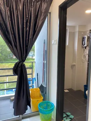 a bathroom with a window with a shower curtain at Jom singgah in Seri Iskandar