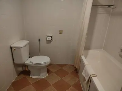 a bathroom with a toilet and a bath tub at Seaview Deluxe Rainbow Paradise Tg Bungah 6pax in Tanjung Bungah