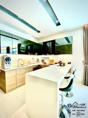 a kitchen with a white counter and a sink at Batu Ferringhi Luxurious Modern Designed 5BR House in Batu Ferringhi