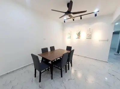 a dining room table with chairs and a ceiling fan at (New)Jovial Cozy&Stylish House 4Room@BM Sri Rambai in Bukit Mertajam