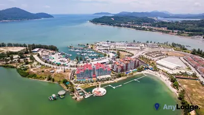 an aerial view of a resort on a lake at AnyLodge Waterfront Marina Island Pangkor-Lumut in Lumut