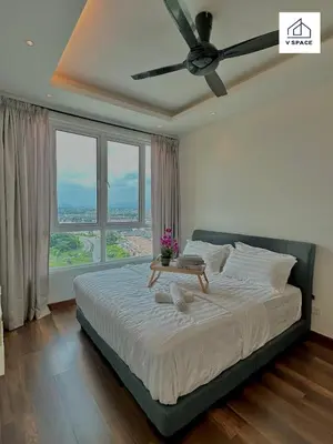 a bedroom with a bed with a ceiling fan at Ipoh D Festivo Suites 6-10pax 10mins to Sunway Tambun by IWH in Ipoh