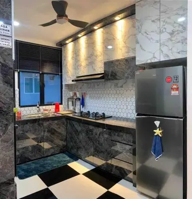 a kitchen with a refrigerator and a checkered floor at Abbie's Private Pool Villa Bukit Mertajam Penang in Bukit Mertajam