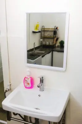 a bathroom with a sink and a mirror at monstera homestay (Lenggong) in Kampong Ulu Jepai