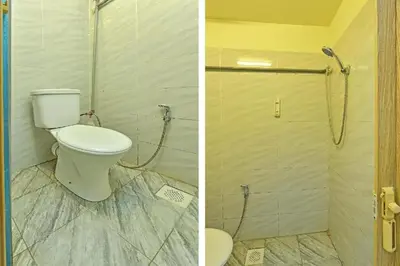 two pictures of a bathroom with a toilet and a shower at F Hotel Bayan Lepas in Bayan Lepas