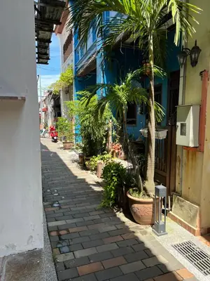 a street with palm trees and a blue building at Aayu Stewart - Stewart Ln, George Town in George Town