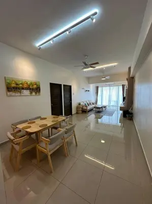 a living room with a wooden table and chairs at Ulike Homestay-3Room-4 king Size Bed-The Venus in Sitiawan