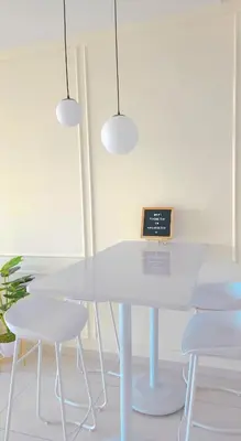 a white dining room with a white table and chairs at SkyPool with Seaview 8pax Beacon Executive Suites - Georgetown City Centre - 3km to Komtar in George Town