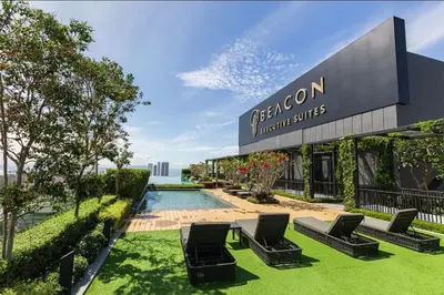 a rendering of the exterior of a resort with chairs and a pool at SkyPool with Seaview 8pax Beacon Executive Suites - Georgetown City Centre - 3km to Komtar in George Town