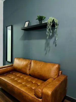 a brown leather couch against a blue wall with a shelf at Queen’s Villa for 28Pax @Central of Penang in Jelutong