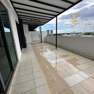 an empty balcony with a view of a building at SZ Home Legacy at Meritus in Perai