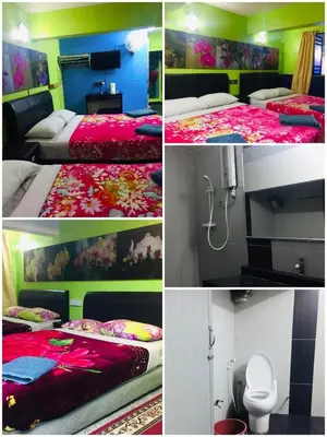 a collage of four pictures of a hotel room with beds at Lily Haven Hotel C-1 in Tanah Rata