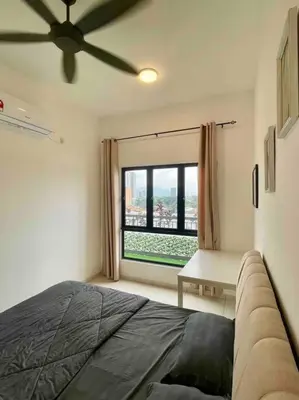 a bedroom with a ceiling fan and a large window at The Horizon @ Ipoh - Cozy Condo with Balcony Patio in Ipoh