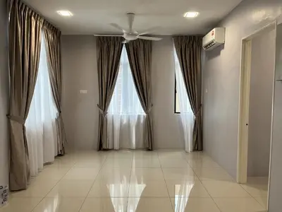 a living room with a ceiling fan and two windows at 4 Bedroom 4 PRIVATE BATHROOM 4B12B 5 min City Center in Ipoh