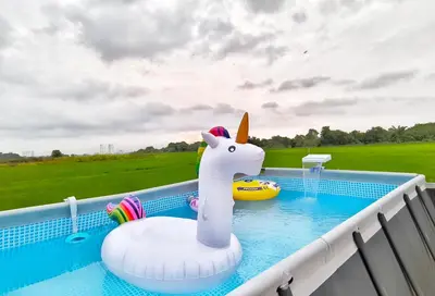 a pool with an inflatable unicorn toy on the edge at Paddy Villea Inn SPT Penang in Permatang Pauh
