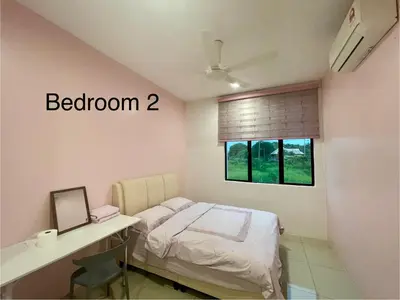 a bedroom with a bed and a desk and a window at LOW SEASON PROMOTION! 4B12B Bar 5 min City Center in Ipoh