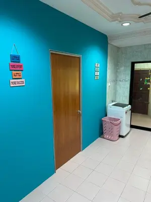 an empty room with a blue wall and a door at Thumbs Up HomeStay in Kampong Jalan Berop