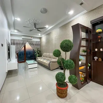 a living room with a couch and some plants at Taiping City View 3BR Condo near Lake Garden with Sunset View & Swimming Pool, Free Netflix WiFi in Taiping