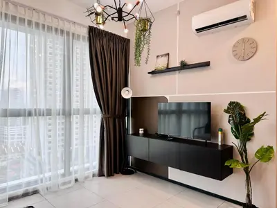 a living room with a tv and a large window at Urban Suite Cozy Family Homestay at Georgetown by URBAN STAYCATION HENG LOD LUXE in Jelutong