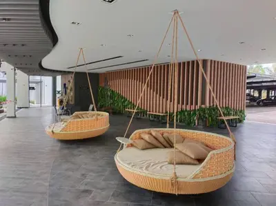 two wicker beds are hanging from the ceiling in a building at be.Cream The Cove -6mins Lost World Tambun -10pax in Ipoh