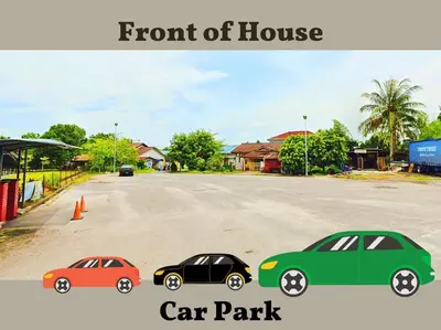 two cars parked on a street with the words front of house car park at KawanMu House with 6 Bedrooms in Taiping