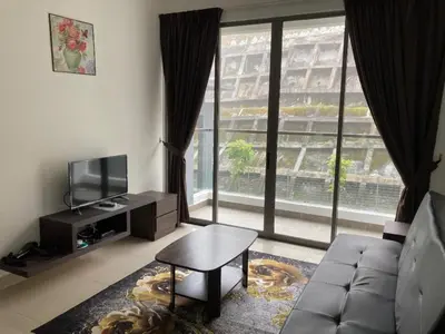a living room with a couch and a large window at SmileHome - Palas Horizon Residence 3R2B Apartment in Brinchang