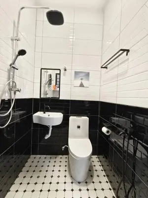 a black and white bathroom with a toilet and a sink at Ocean Private Pool Homestay Ipoh \u6d77\u6d0b\u98ce\u60c5\u6cf3\u6c60\u6c11\u5bbf 14px\uff08Wellsonhome\uff09 in Ipoh