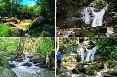 a collage of four pictures of a waterfall at Homestay Teacher,Perak, Gerikmist in Gerik