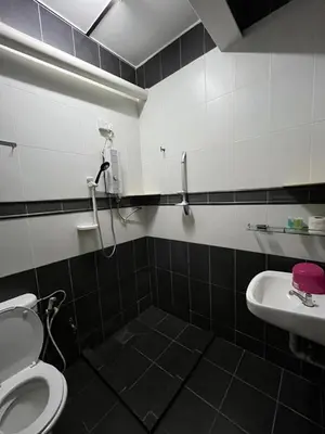 a bathroom with a shower and a toilet and a sink at Big Dreams Double Story House in Tanah Rata