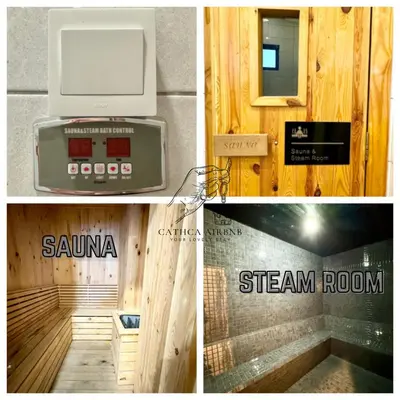 a collage of three pictures with a machine in a room at Urban Suites 2BR #SelfCheck-in #6Pax #TopFacilities in Jelutong