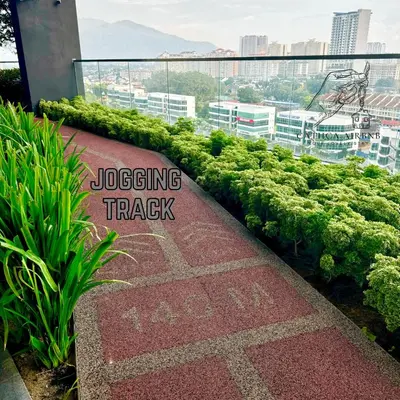 a sign that says jogging track on a balcony at Urban Suites 2BR #SelfCheck-in #6Pax #TopFacilities in Jelutong