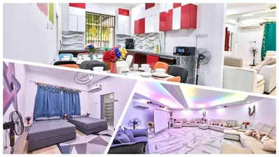 a collage of three pictures of a living room at Penang Dream Banglo Sleeps 40 in Tanjung Bungah