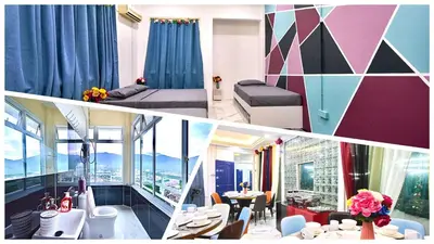 two pictures of a hotel room with a view at Penang Dream Banglo Sleeps 65 in Tanjung Bungah