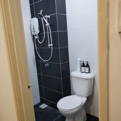 a bathroom with a toilet and a shower at ART CASIA HOMESTAY BERTAM in Kepala Batas