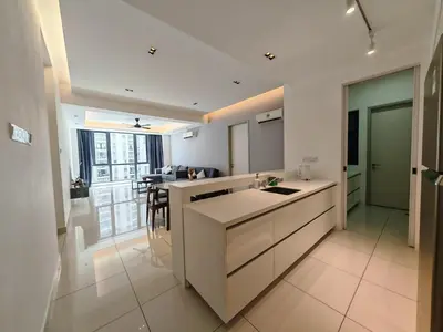 a kitchen with a sink and a counter at Harmony Haven with Bathtub - Jazz Suites by Ocean Luxe in Tanjong Tokong