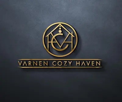 a gold and black logo with a sign on a wall at Varnen Cozy Haven - EVCharger in Bukit Mertajam