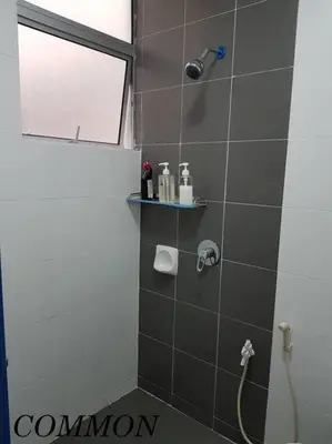 a bathroom with a shower with a window and a sink at BLUE DOME (Santorini) @ Night Market, Cameron Highlands in Brinchang