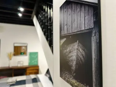 a door with a picture of a boat on the wall at (New) Fettes Villa for 20Pax @CentralPenang/Gurney in George Town