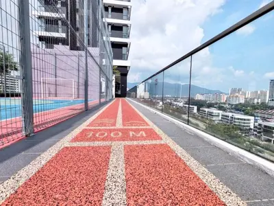 a red floor on the side of a building at Infinity Pool, Georgetown, Up to 11 Pax, 2 Bedrooms, 2 Bathrooms, 2 Car Parks by Star Home in Jelutong