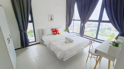 a bedroom with a bed and a large window at Infinity Pool, Georgetown, Up to 11 Pax, 2 Bedrooms, 2 Bathrooms, 2 Car Parks by Star Home in Jelutong