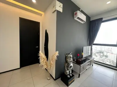 a living room with a black door and a window at New Brand KTV SET, Netflix, 3 Queen Bed High Floor in Jelutong