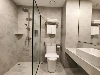a bathroom with a shower and a toilet and a sink at ZOOM HOTEL in George Town