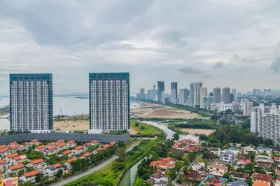 an aerial view of a city with tall buildings at Deluxe Seaview Suite Twin Bed by The Only Bnb in Tanjong Tokong