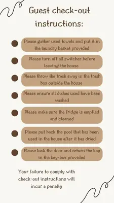 a list of questcheck out instructions for textiles at Rana Homestay Ipoh Perak in Tanjung Rambutan