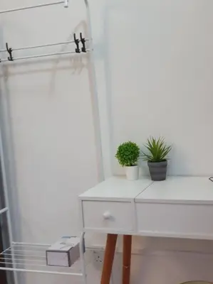 a white dresser with two potted plants on it at 3 Storey Bangalow near Spice Arena & Queensbay Mall in Bayan Lepas