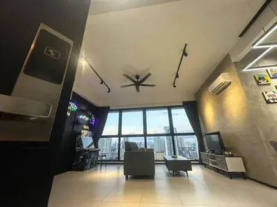 a living room with a ceiling fan and a large window at 3 Room/3 Queen Bed, Urban Suite Arcade Room #2carpark in Jelutong